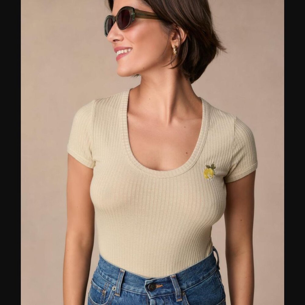 Rouje "Taric" Scoop Neck Ribbed Tee with Lemon Embroidery Size 42